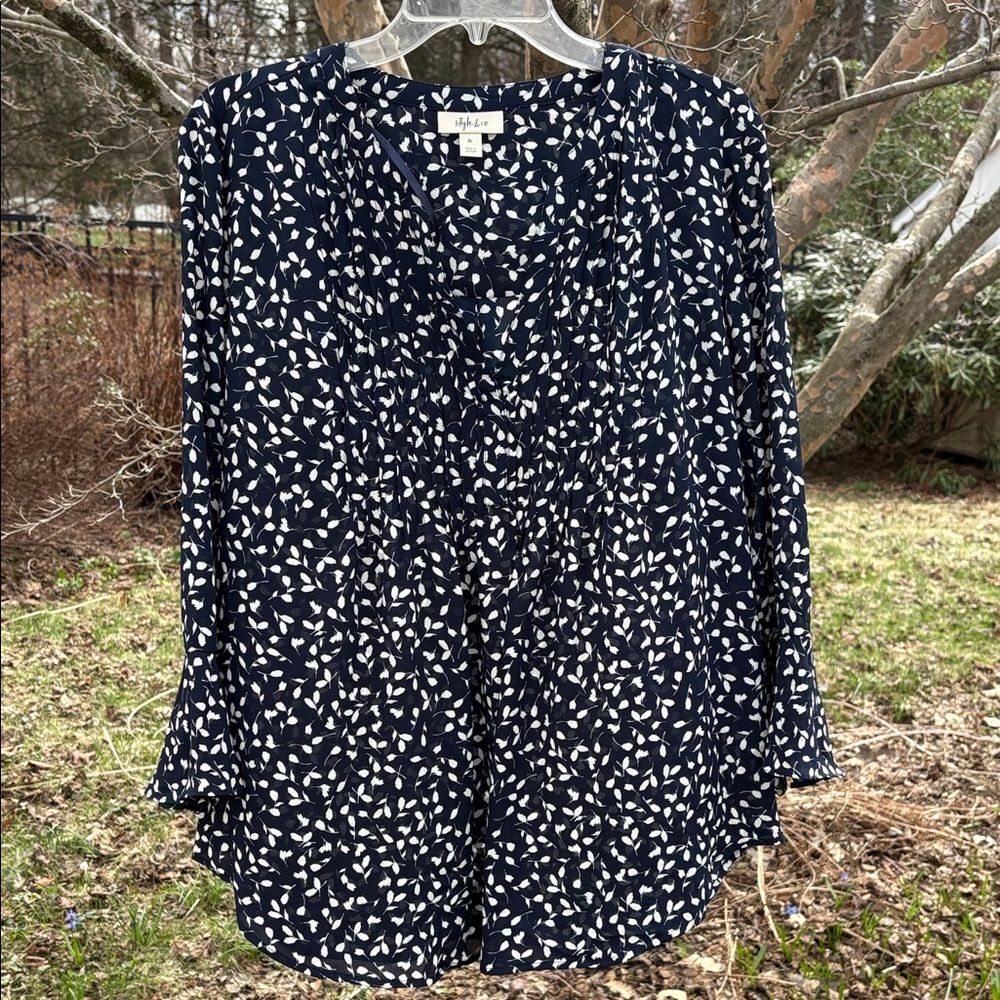 Style & Co. Navy and White Leaf-Print Long-Sleeve Blouse